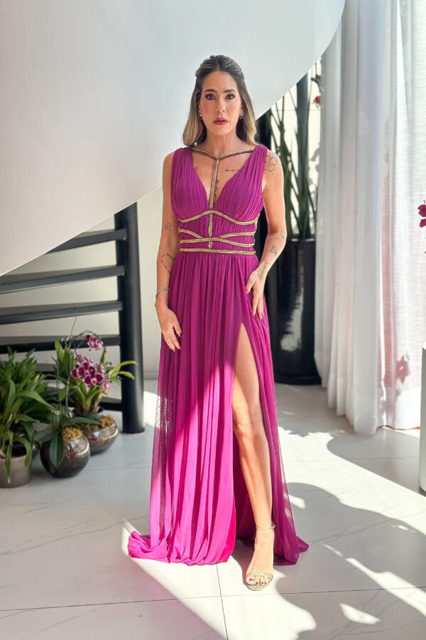 Vestido de festa rosa fúcsia no estilo grego